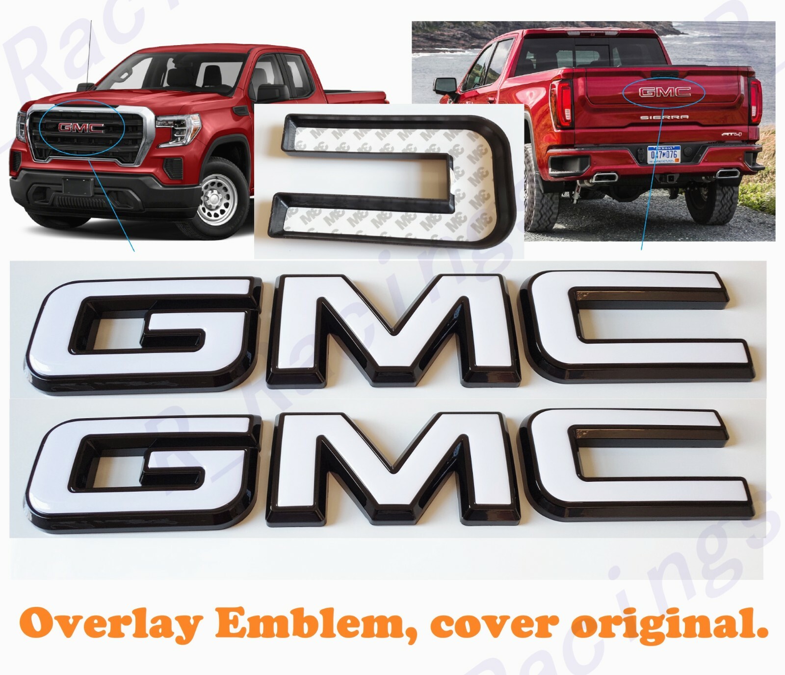 Front Rear GMC Black White Emblem Overlay 2019-2026 GMC Sierra 1500 2500HD 3500H