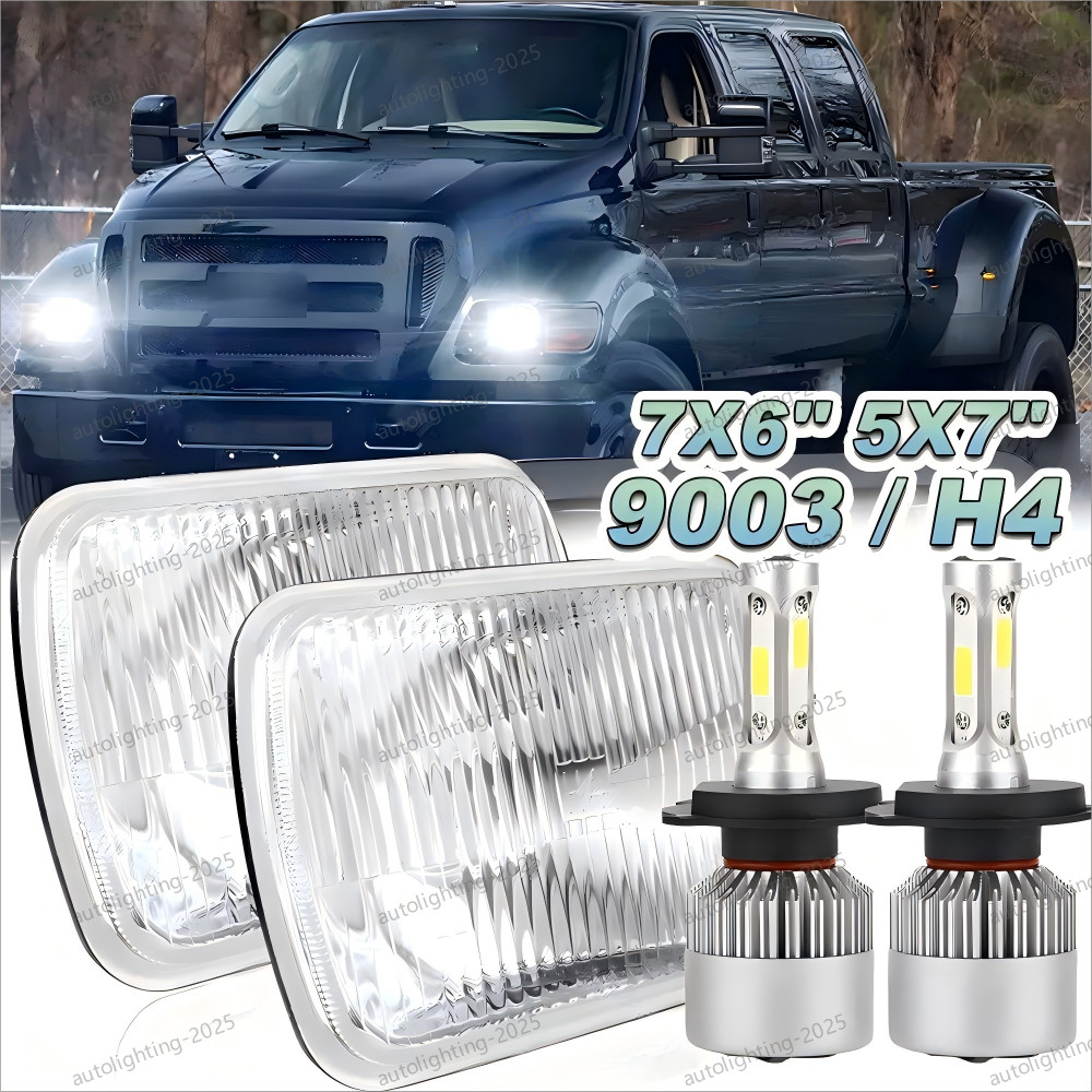 100W Pair 5x7 7x6 Square LED Headlights Hi-Lo For Ford F650 F750 F-250 L9000