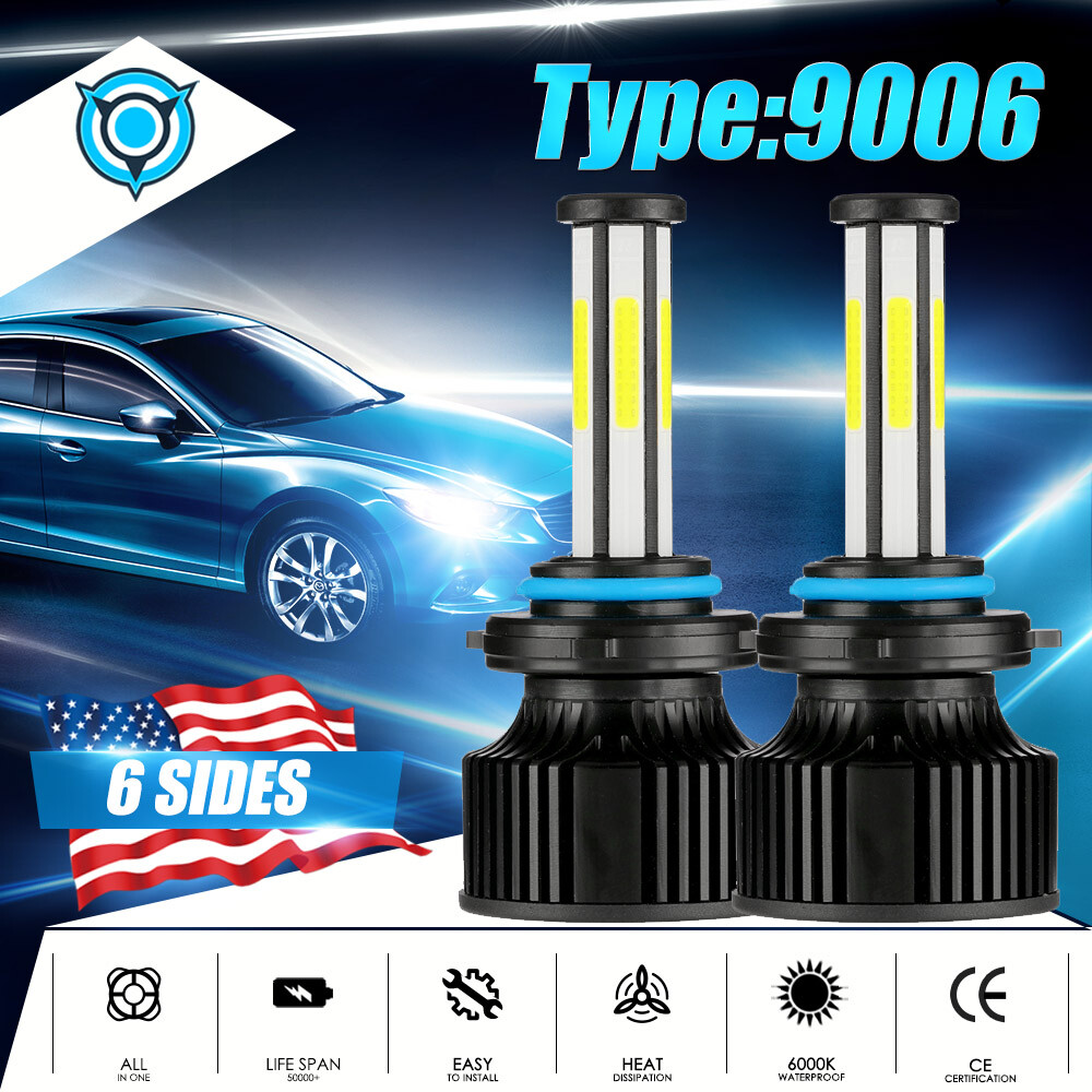 6 Sides 9006 HB4 LED Headlight Bulbs Kit Low Beam 2800W 370000LM 6500K White 