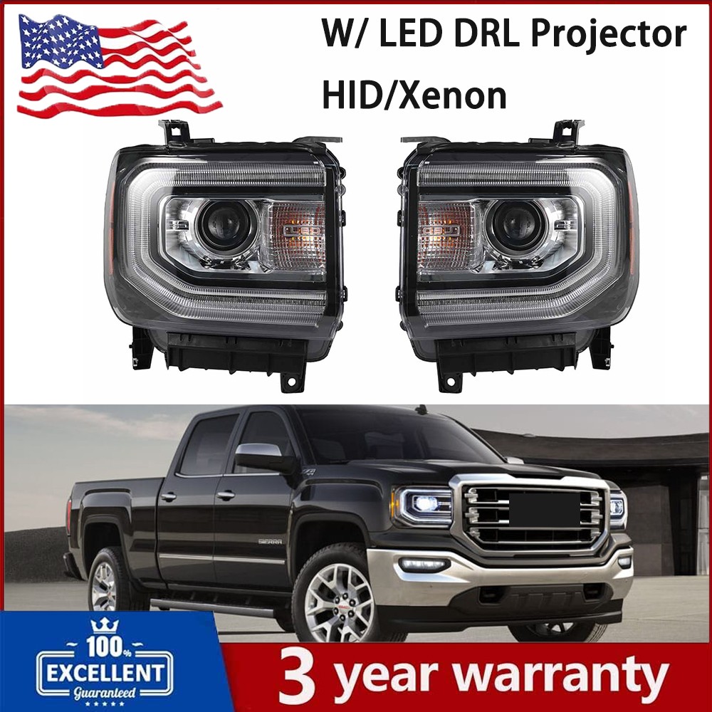 For 2016-2018 GMC Sierra 1500 Pair HID/Xenon Type LED DRL Headlights Headlamps