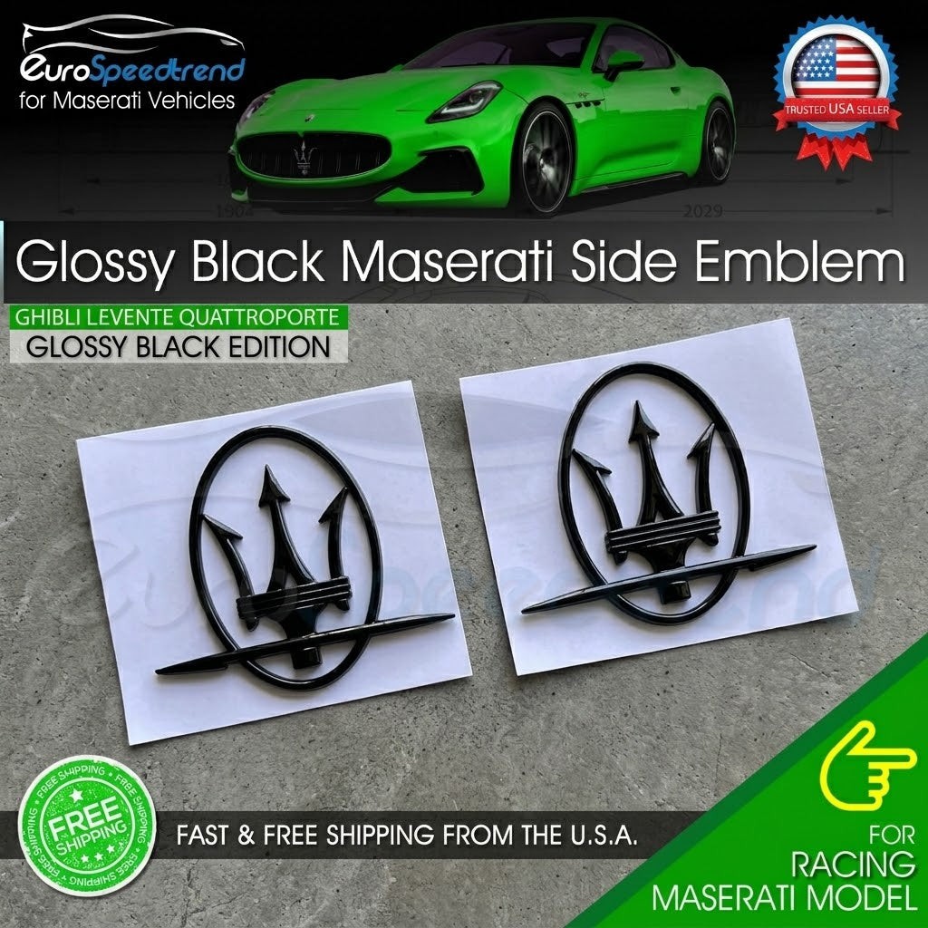Maserati Side Emblem Gloss Black 3D Quaterpanel Logo Badge OE Ghibli Levante L+R