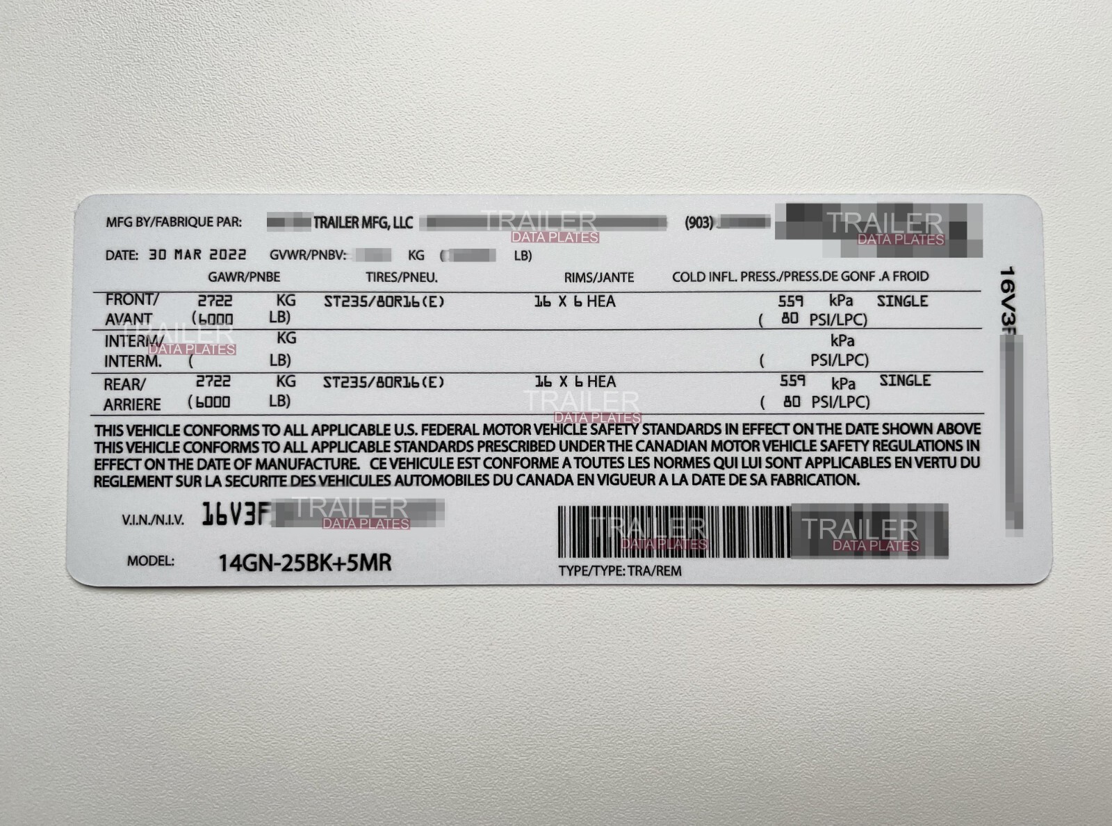 Big Tex Trailer Data Decal Sticker ID Tag Derated Downrated USA Custom
