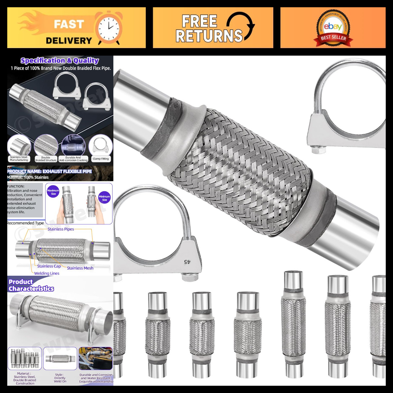 3Pcs Exhaust Flex Pipe Kit 1.75\