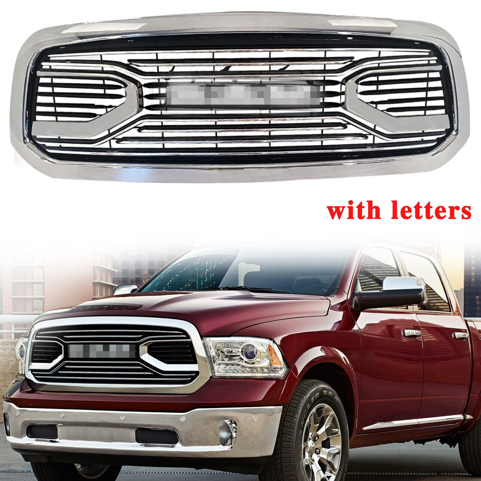 Front Bumper Grille Fit For 2013-2018 Dodge RAM 1500 Chrome Grill W/ Letters