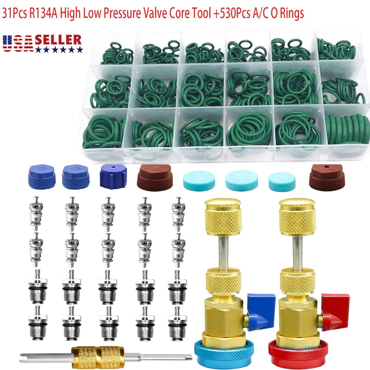 31Pcs R134A High Low Pressure Valve Core Installer with 530Pcs A/C O-Ring Set