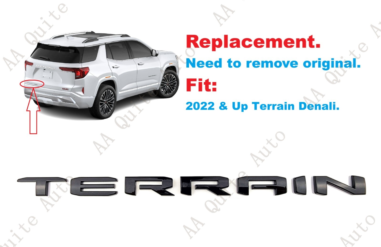 Replacement 1PC Gloss Black Rear Tailgate Terrain Letter Emblem 2022+ Terrain