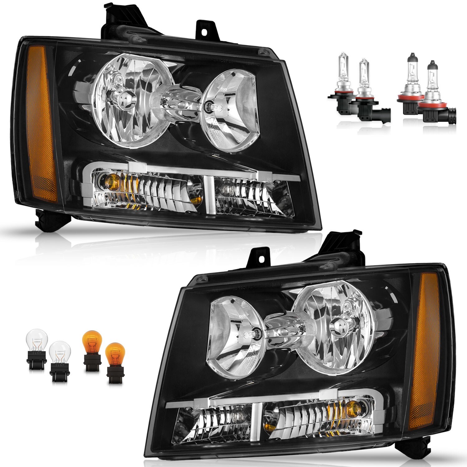 WEELMOTO Black Headlights For 2007-2014 Chevy Suburban Tahoe Avalanche LH+RH