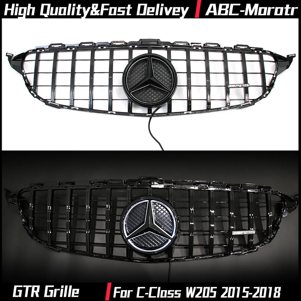 GTR Style Grill Grille For Mercedes Benz W205 C250 C300 C43 2015-18 W/LED Emblem