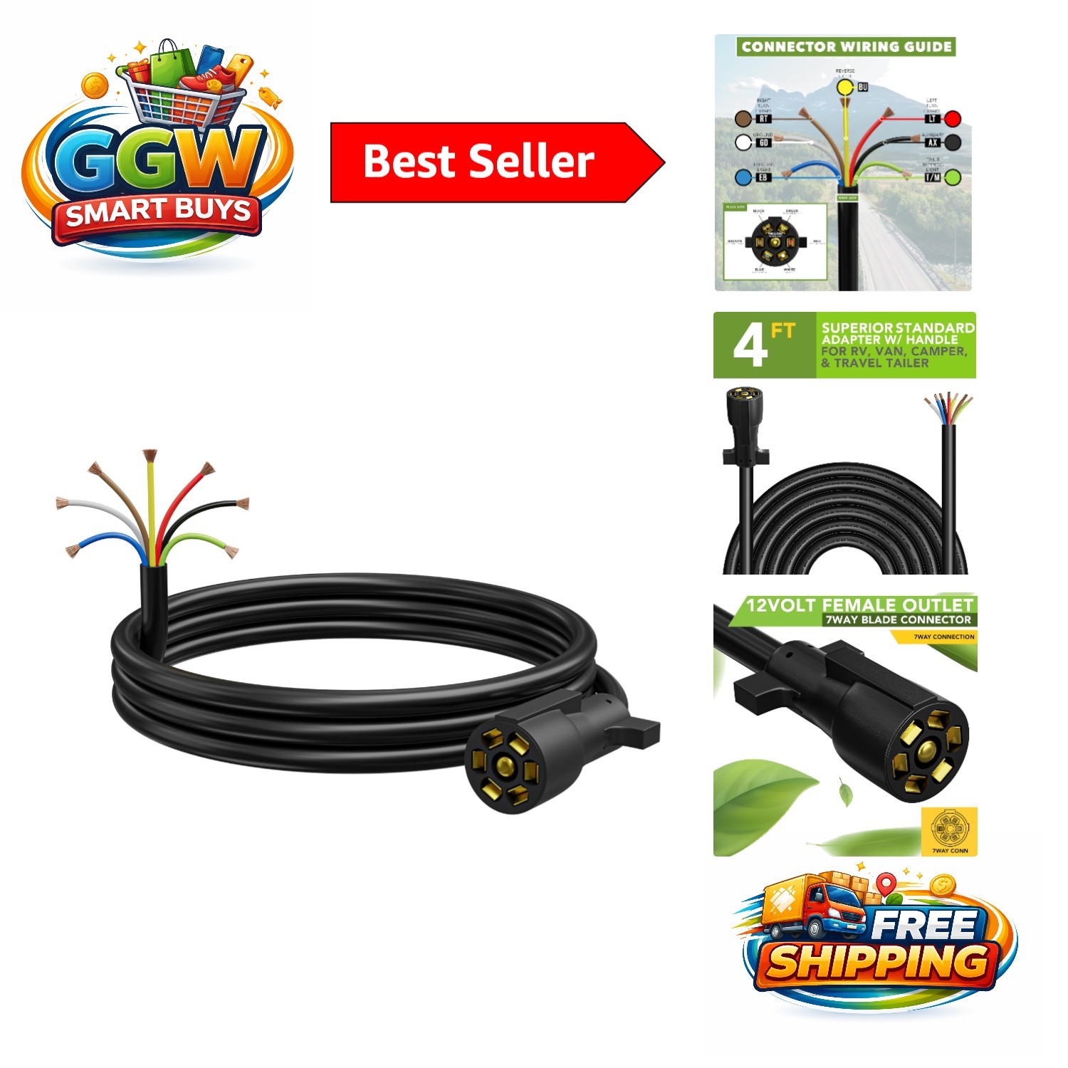Durable 7-Way Copper Trailer Cord - Inline Plug with Waterproof Protection
