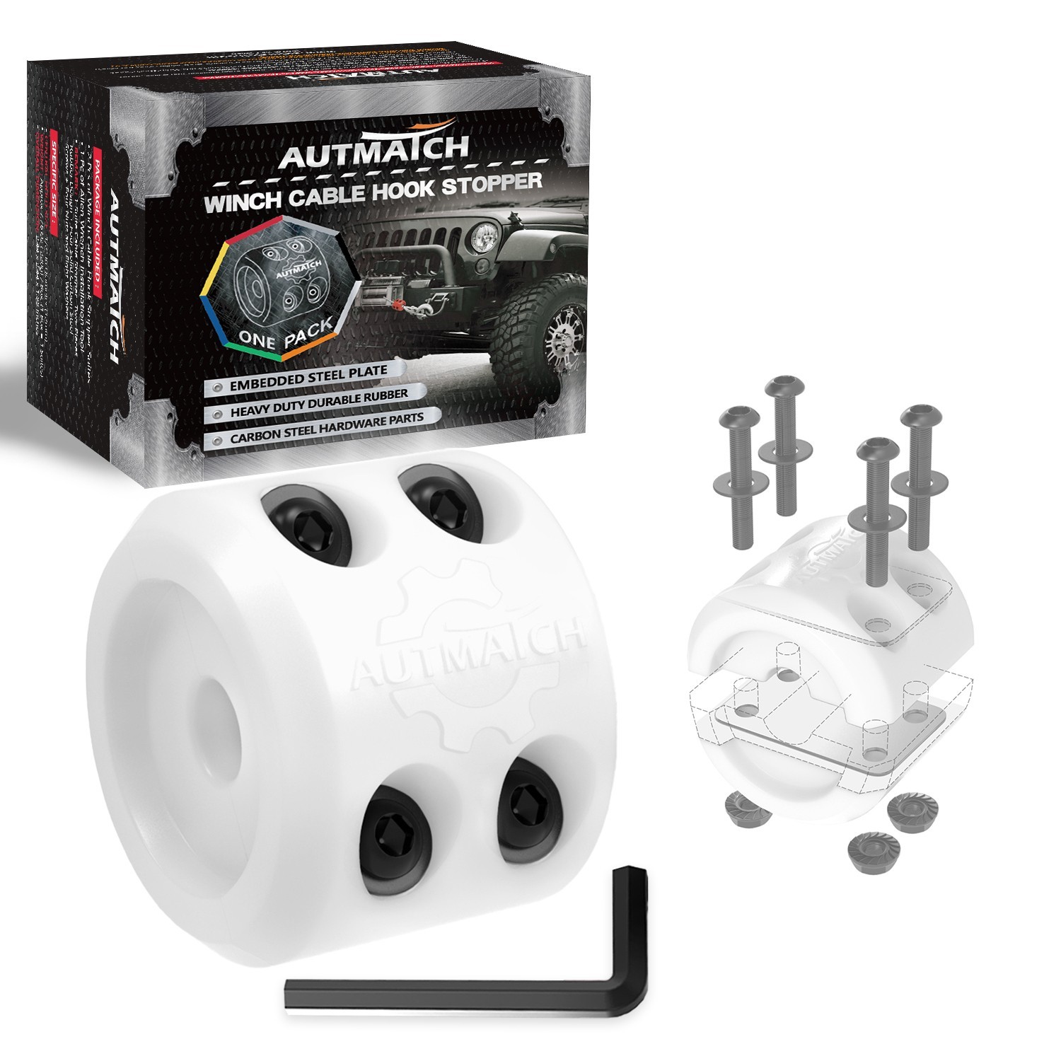 AUTMATCH Winch Cable Hook Stopper (1 pce) Fits Wire&Synthetic Ropes, White
