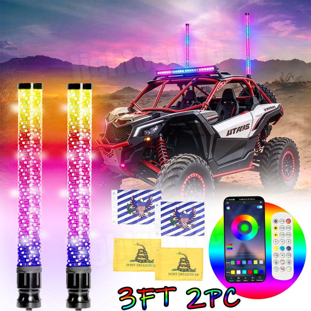 Pair 3FT Spiral LED Fat Whip Light Antenna RGB Chasing For Can-am X3 RZR UTV ATV