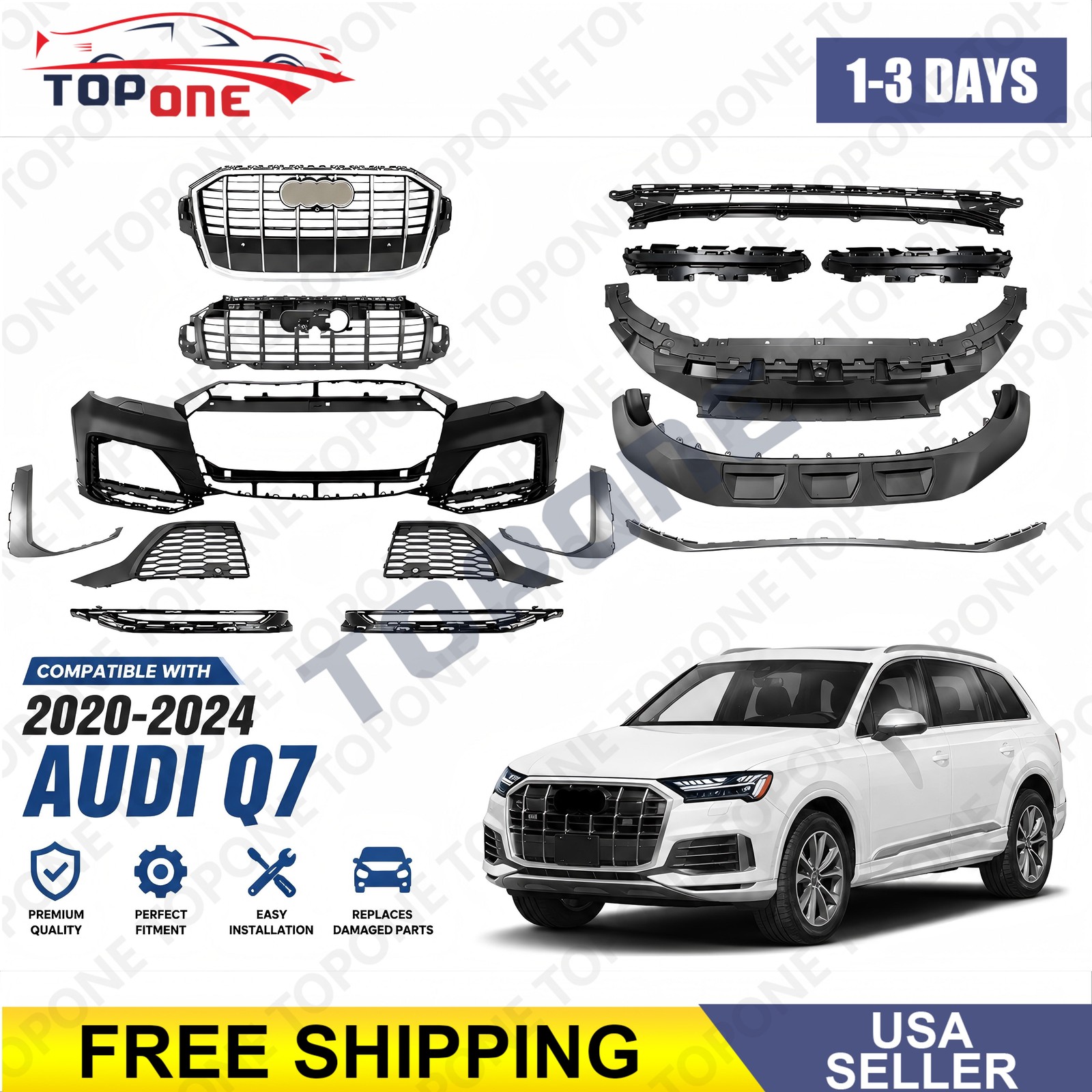 For 2020-2024 Audi Q7 Complete Bumper Cover W/ Grille W/O Lane Keep Assist