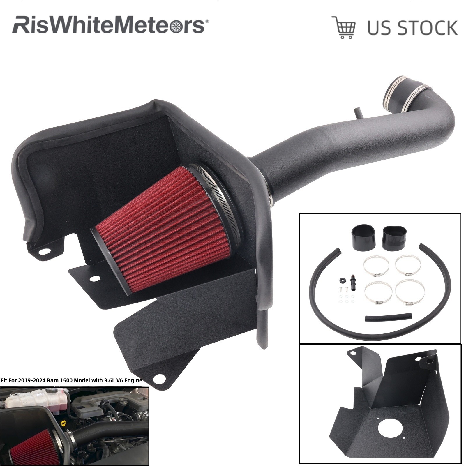 Upgrade For 2019-2024 RAM V6 3.6L 1500 Truck Cold Air Intake Shield Filter Kit