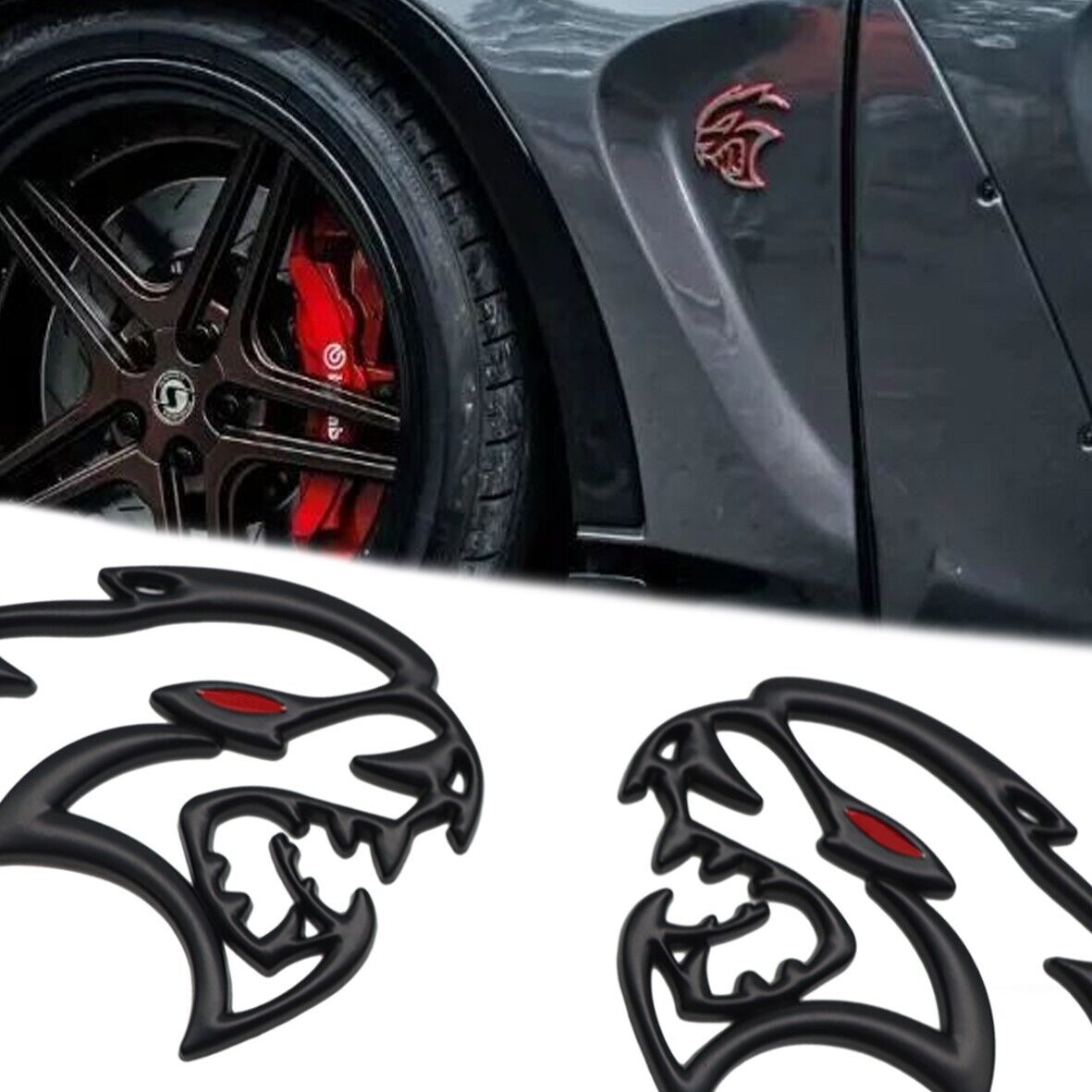 2x Metal Matte Black Devil Cat Hellcat Fender Side Emblems Badge Car Universal