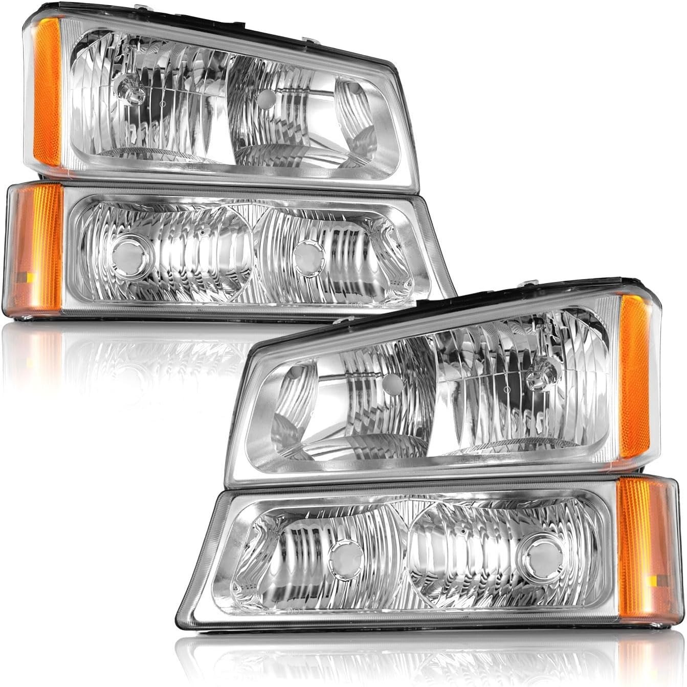 For 03-07 Chevy 1500/2500/3500 HD Chrome Amber Housing Headlights, Turn Signals