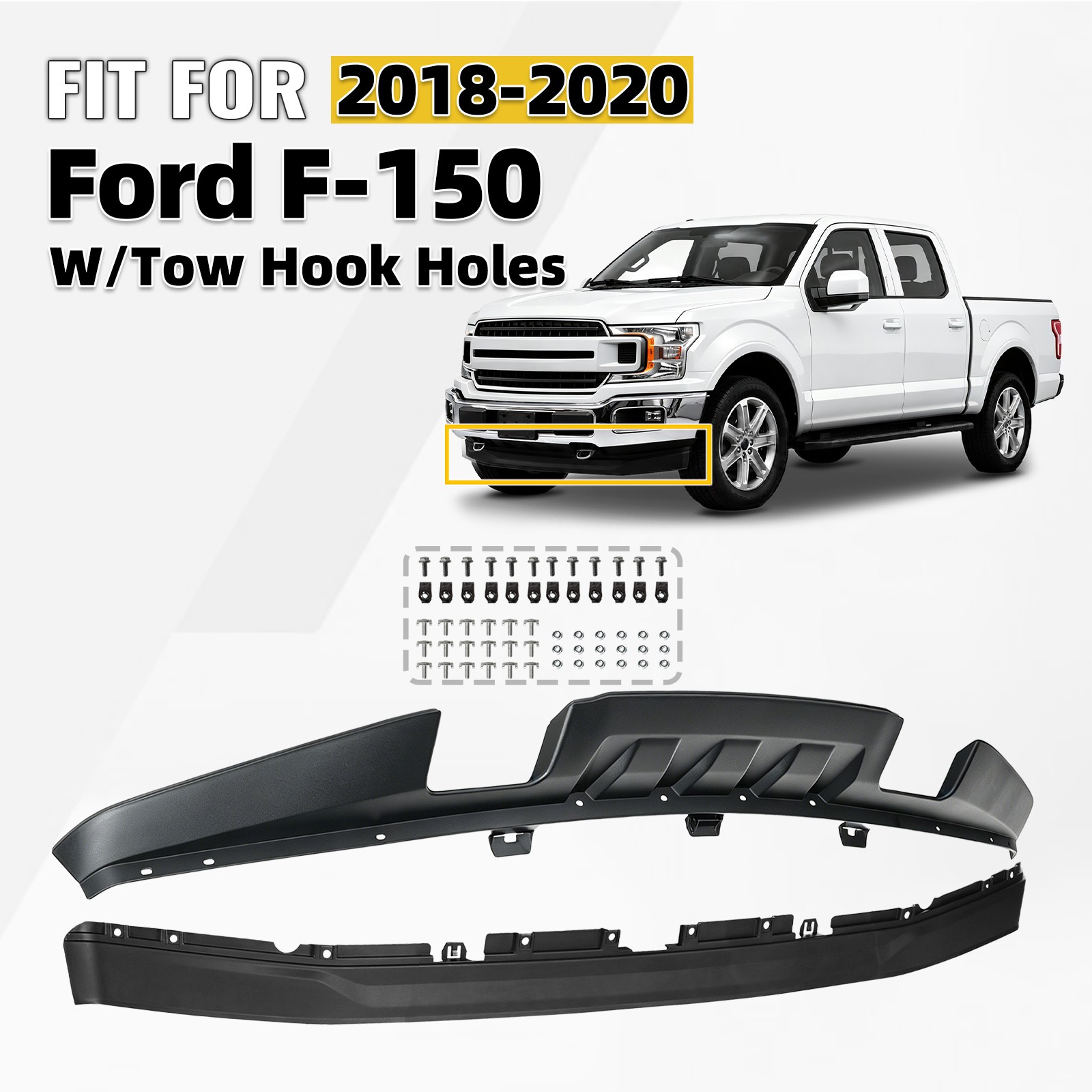 For 2018-2020 Ford F-150 Front Bumper Valance Panel Air Dam W/Tow Hook Holes