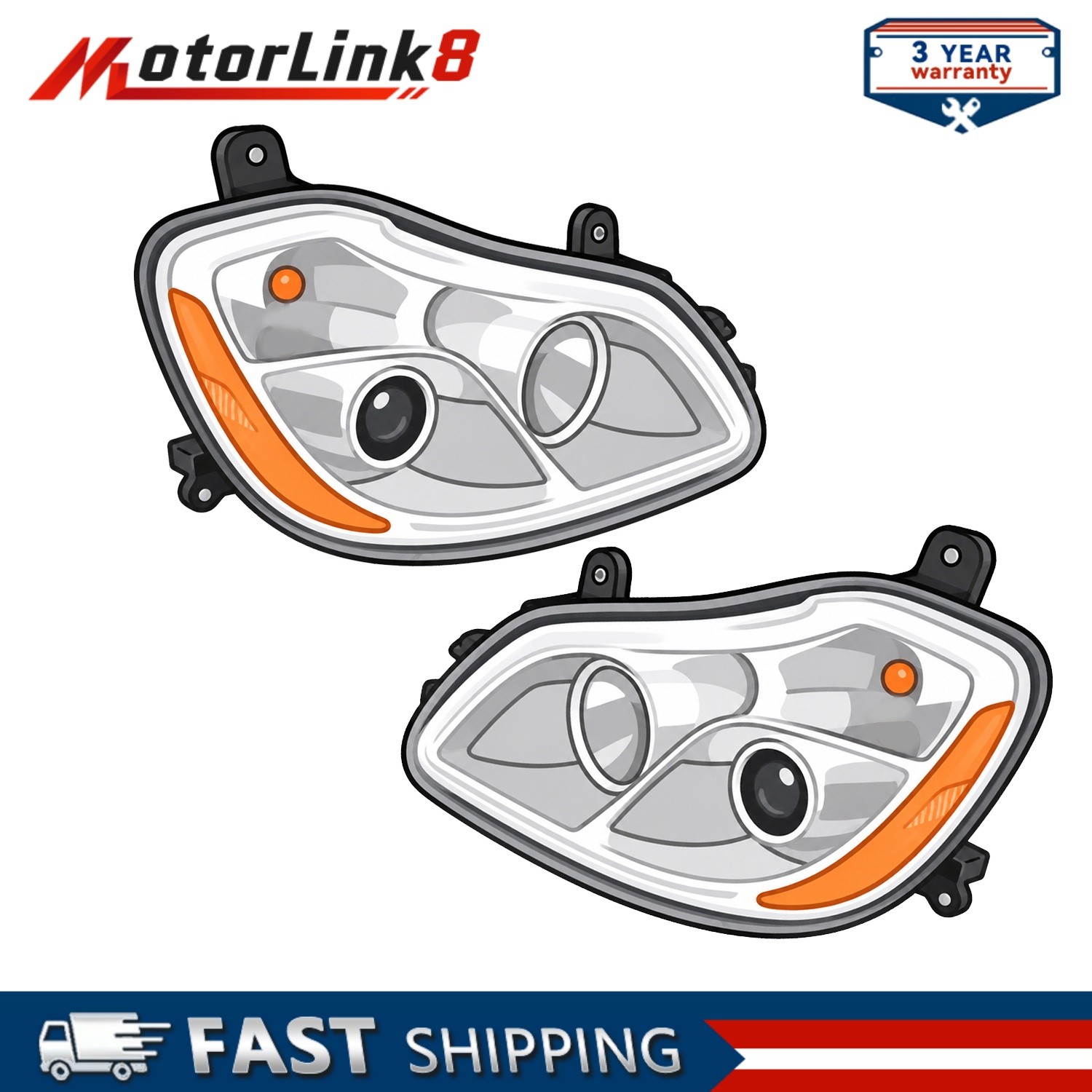 Pair Right+Left Side Chrome Headlight Head Lamp For Kenworth T680 2011-2022