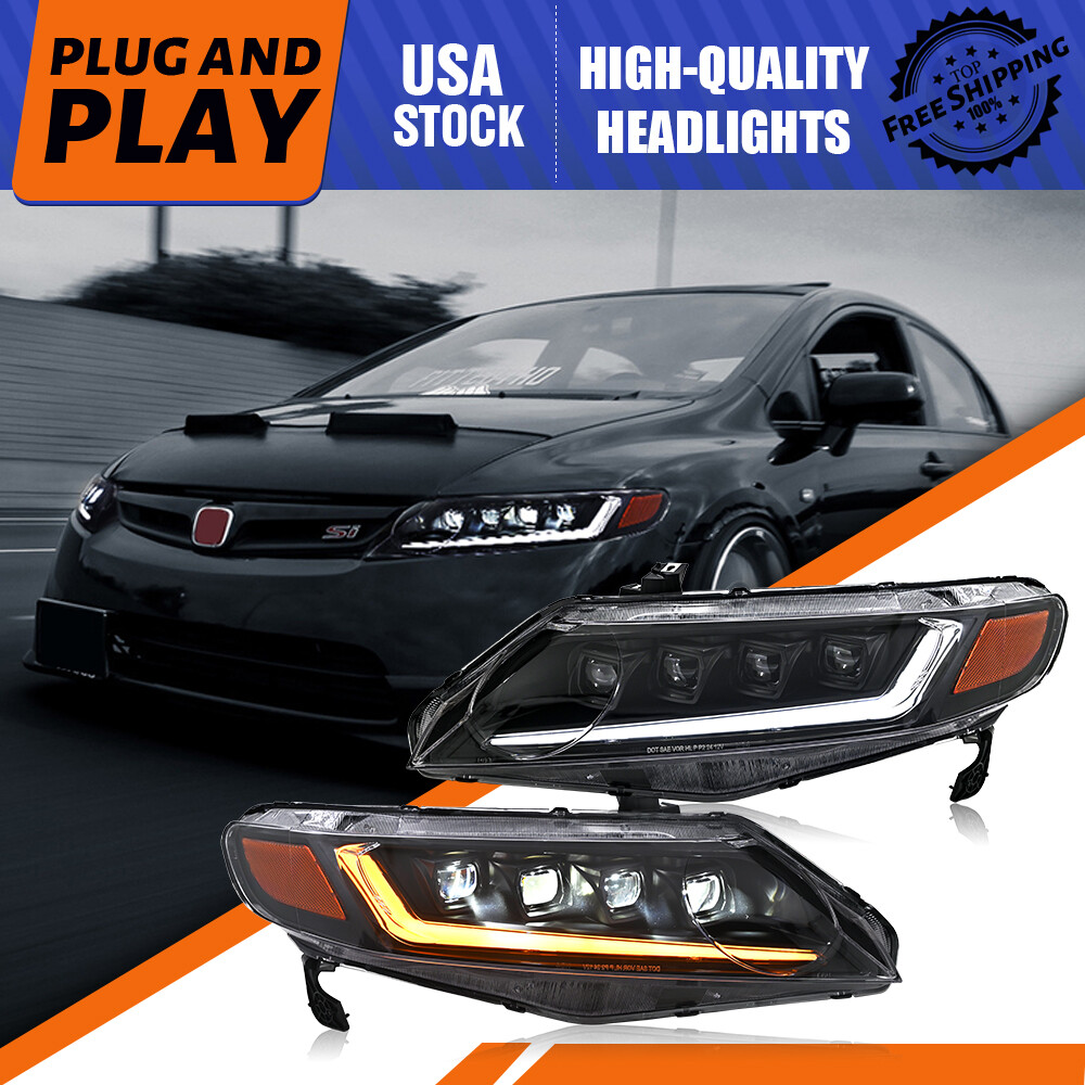 2x LED Headlights For Honda Civic 2006-2011 Front Lamp Sequential Turn Animation