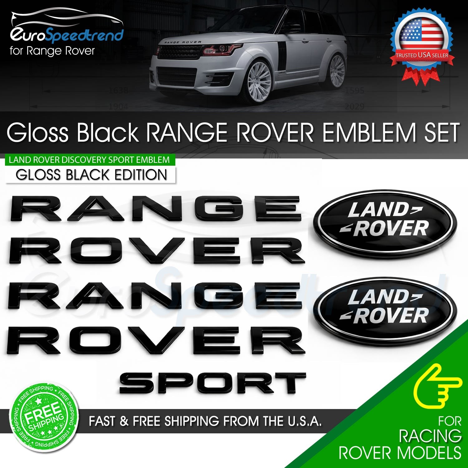 For Range Rover Sport Emblem Set Gloss Black Front Bonnet Rear Trunk Land Badge