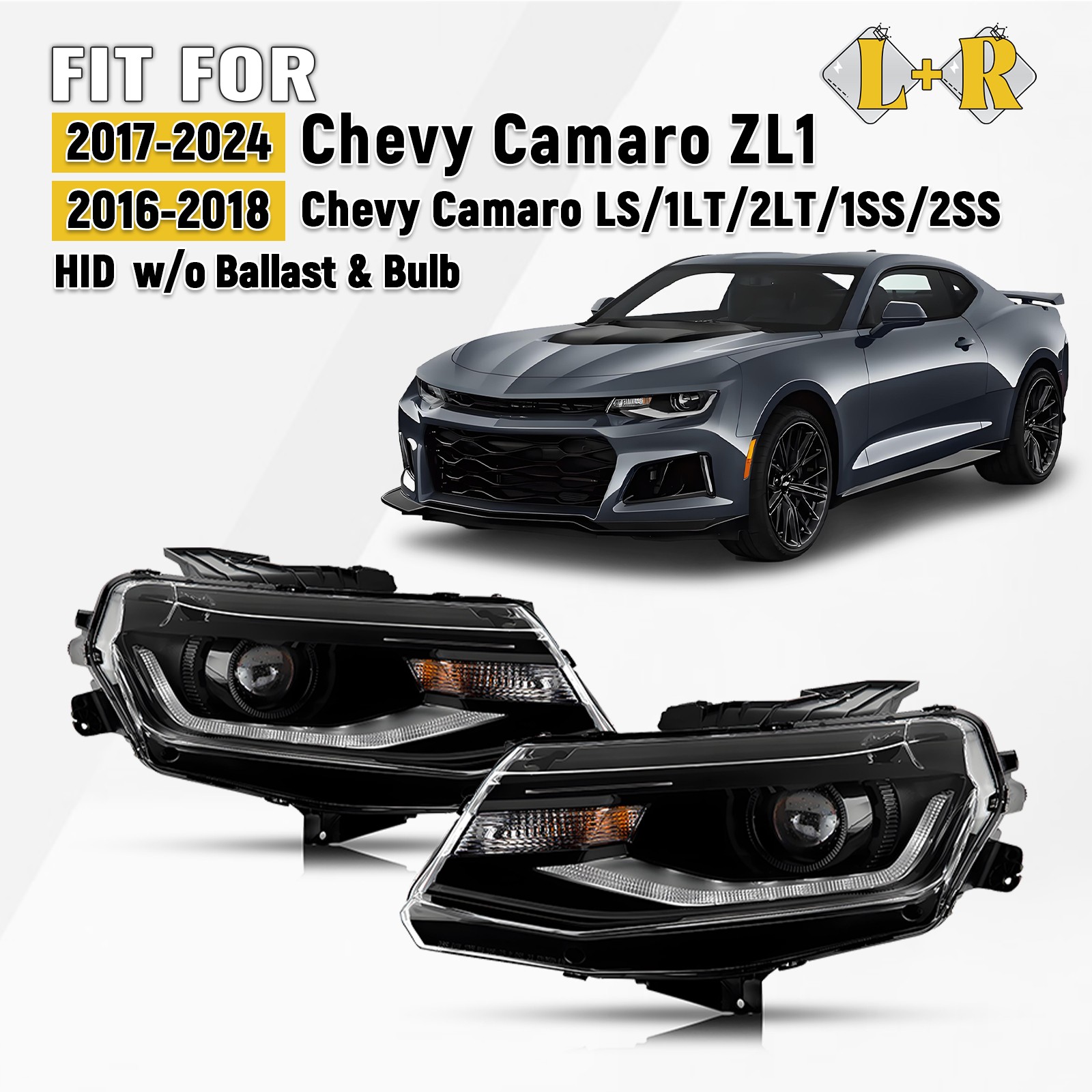 For 2016-2024 Chevy Camaro HID/Xenon Headlight Without Ballast & Bulb Pair L+R