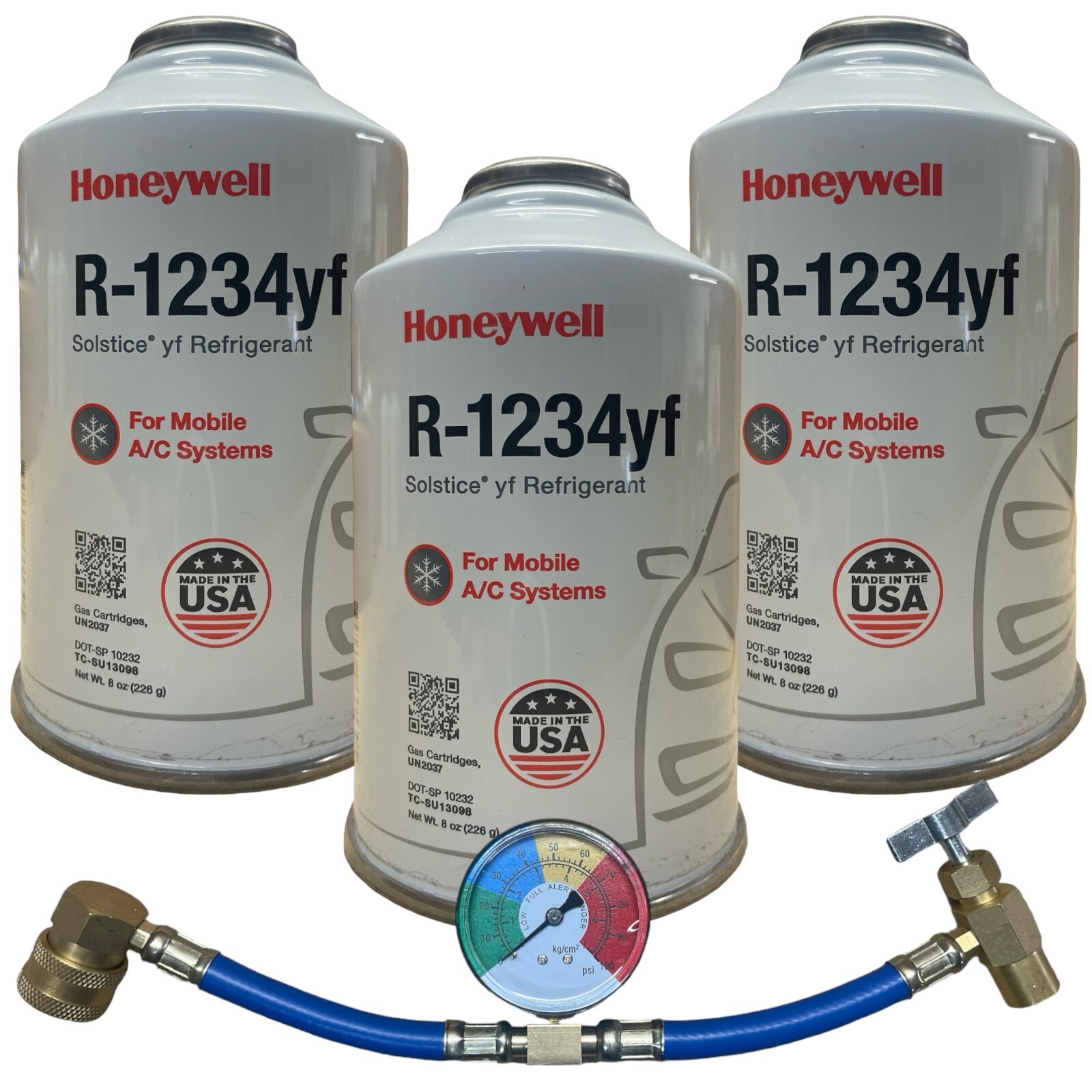 Honeywell R1234yf Solstice Refrigerant MVAC Gauge Hose 3 Cans Self Sealing 8oz Honeywell R1234yf Solstice Refrigerant MVAC Gauge Hose 3 Cans Self Sealing 8oz