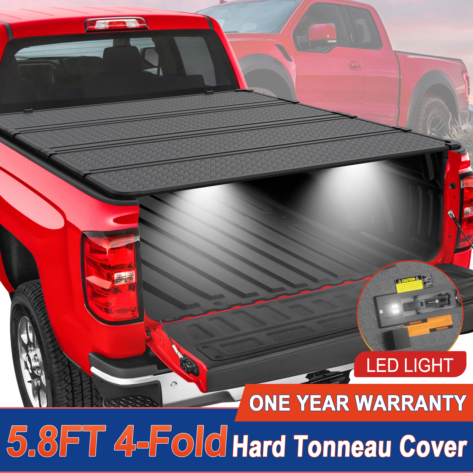 5.7/5.8FT 4-Fold Hard Tonneau Cover For 2009-2026 Ram 1500 Truck Bed w/ LED Lamp