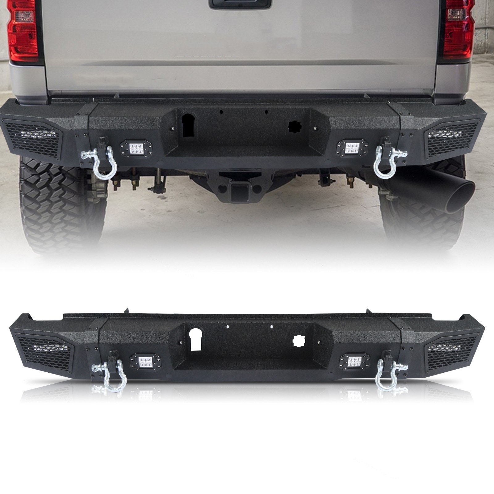 Fits 2015-2019 Silverado 2500HD/3500HD Rear Step Bumper W/ 4 Lights & D-Rings