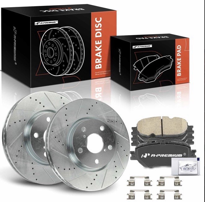 11.65 inch (296mm) Front Drilled and Slotted Disc Brake Rotors/Ceramic Pads Kit