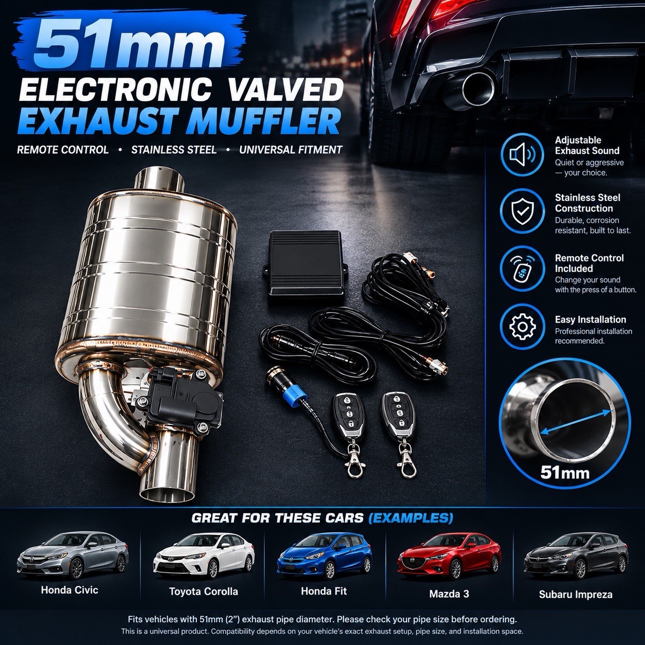 51mm Electronic Valved Exhaust Muffler Kit w/ Remote Control Stainless Steel