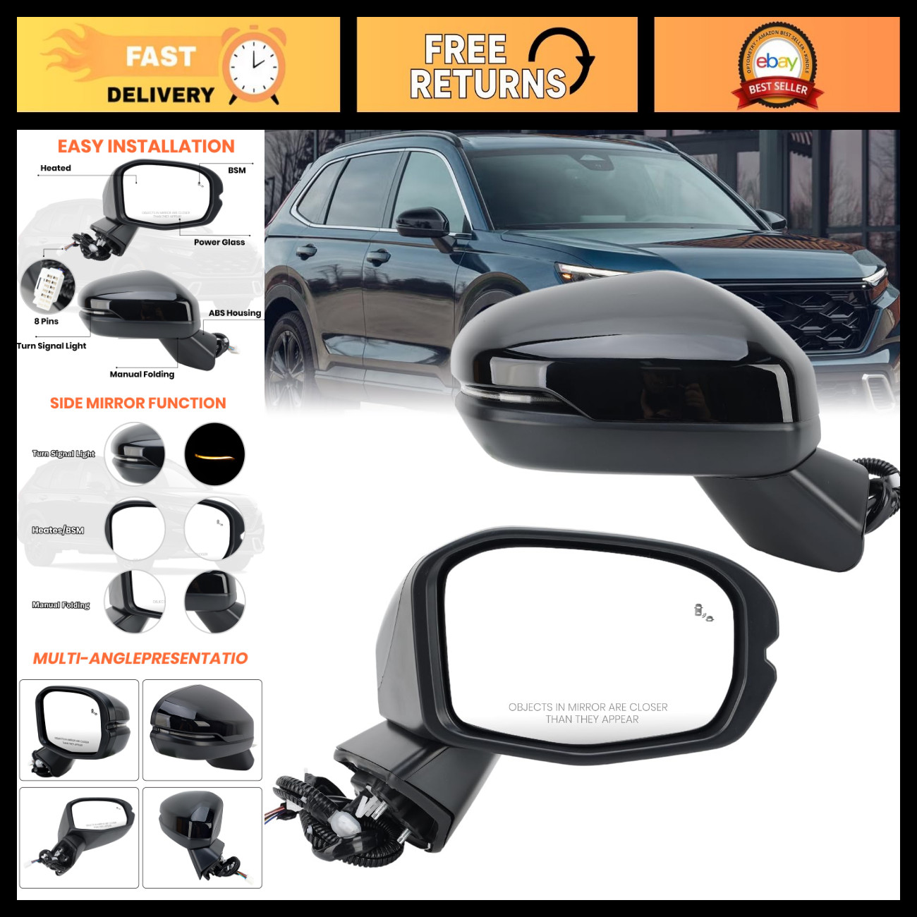 Right Passenger Side Mirror for 2023-2026 Honda CRV CR-V - Black, 8 Pins, OEM Fi