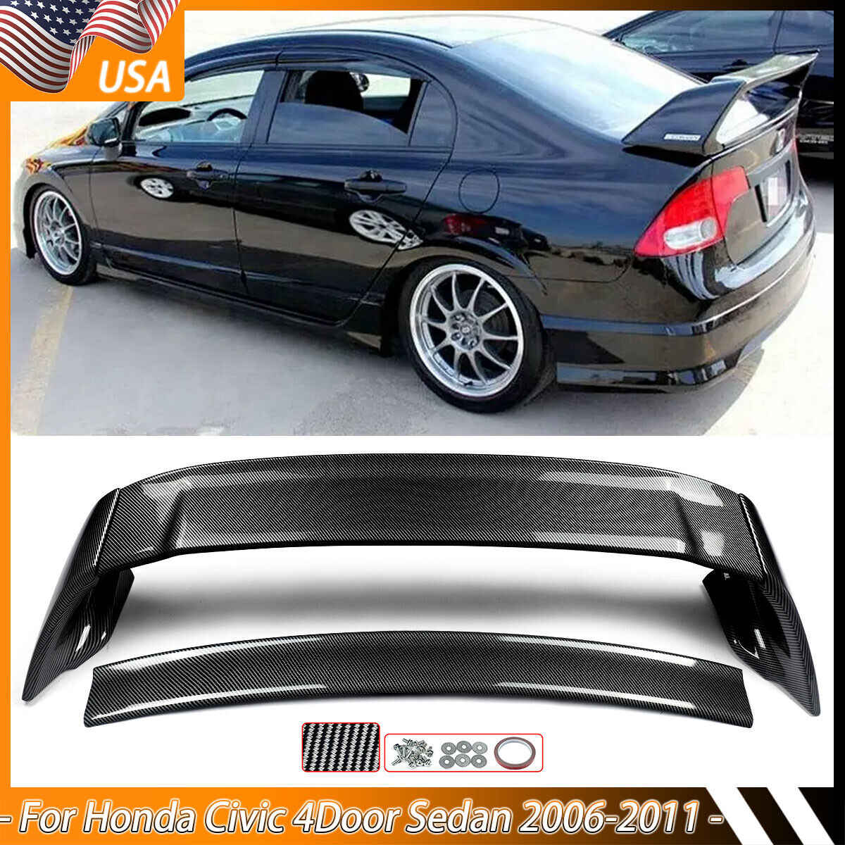 Rear Trunk Spoiler Wing JDM MUGEN Carbon Style For 2006-2011 Honda Civic Sedan