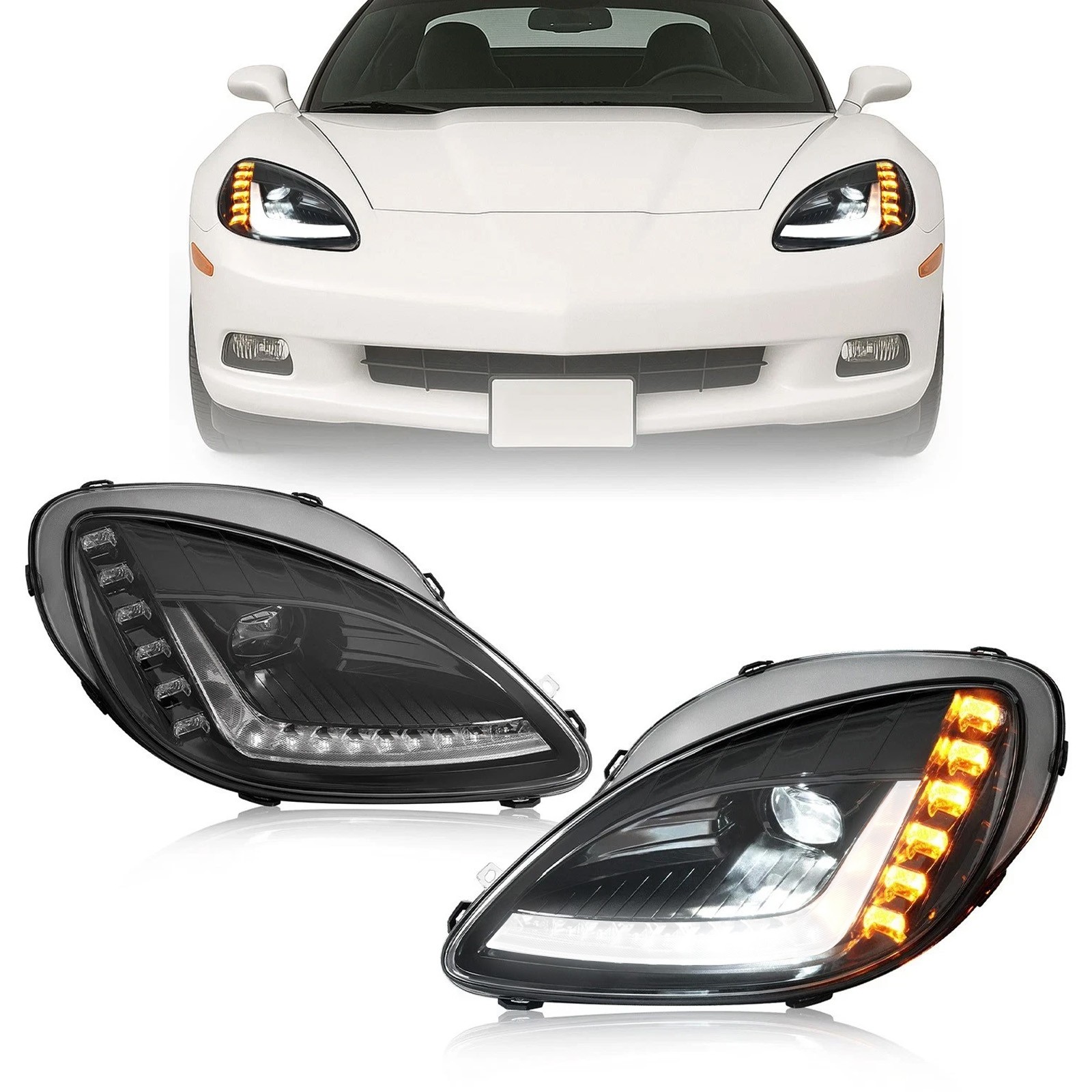 For 05-13 Chevy Corvette C6 Pair Of LED Sequential Projector Headlights C7 Style