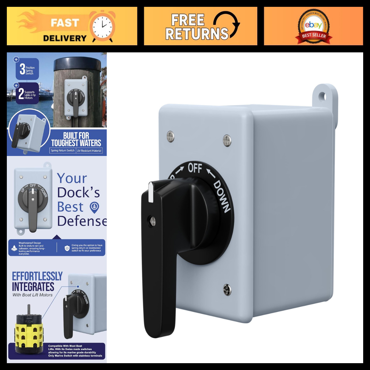 3-Position Boat Lift Switch - Precision Control for Up to 2-HP Motors, Corrosion