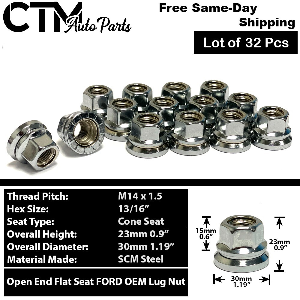 32x Ford OEM Factory Chrome 14x1.5 Flat Seat Open Lug Nut F250 F350 Super Duty