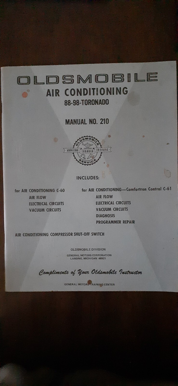 Vintage 1988-98 Oldsmobile Toronado Air Conditioning Manual no. 210 GM Training