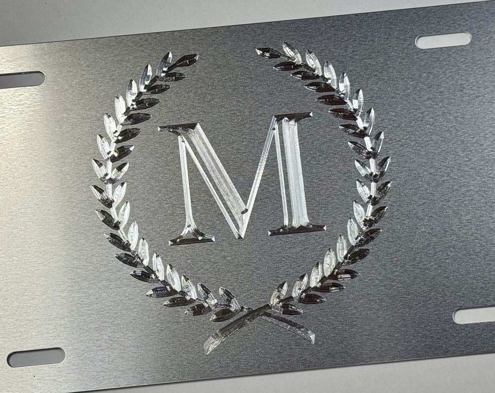 Custom Engraved Monogram Crest Car Tag Diamond Etched Silver Metal License Plate