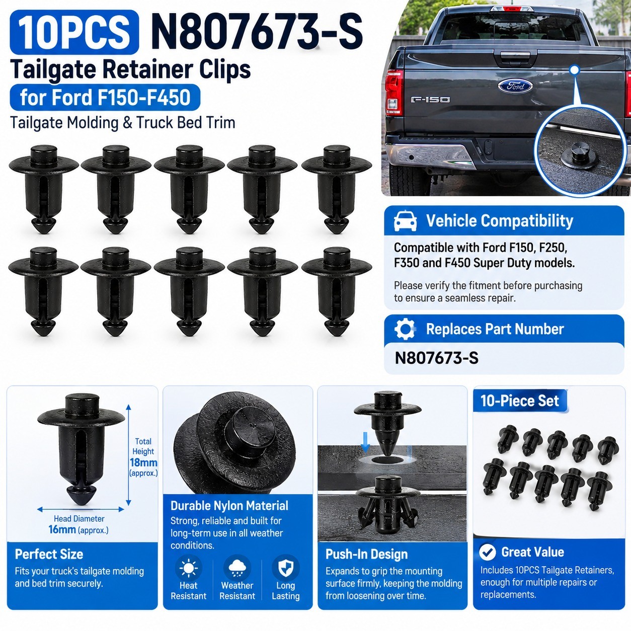 10PCS Tailgate Molding Rivet Retainers Clips Compatible with Ford F150 F250 F350