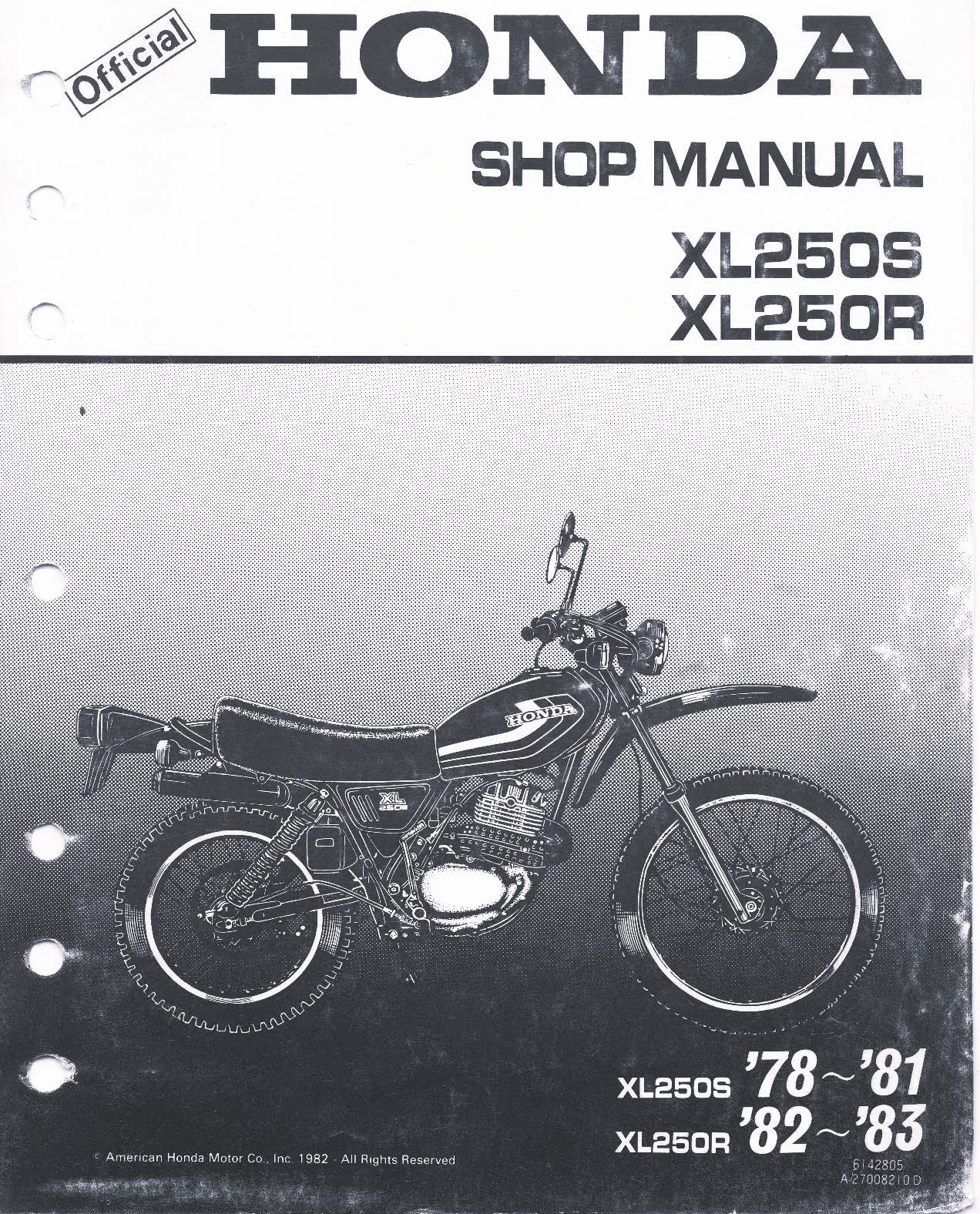 1978-1983 Honda XL250S XL250R XL250 Service Shop Repair Manual