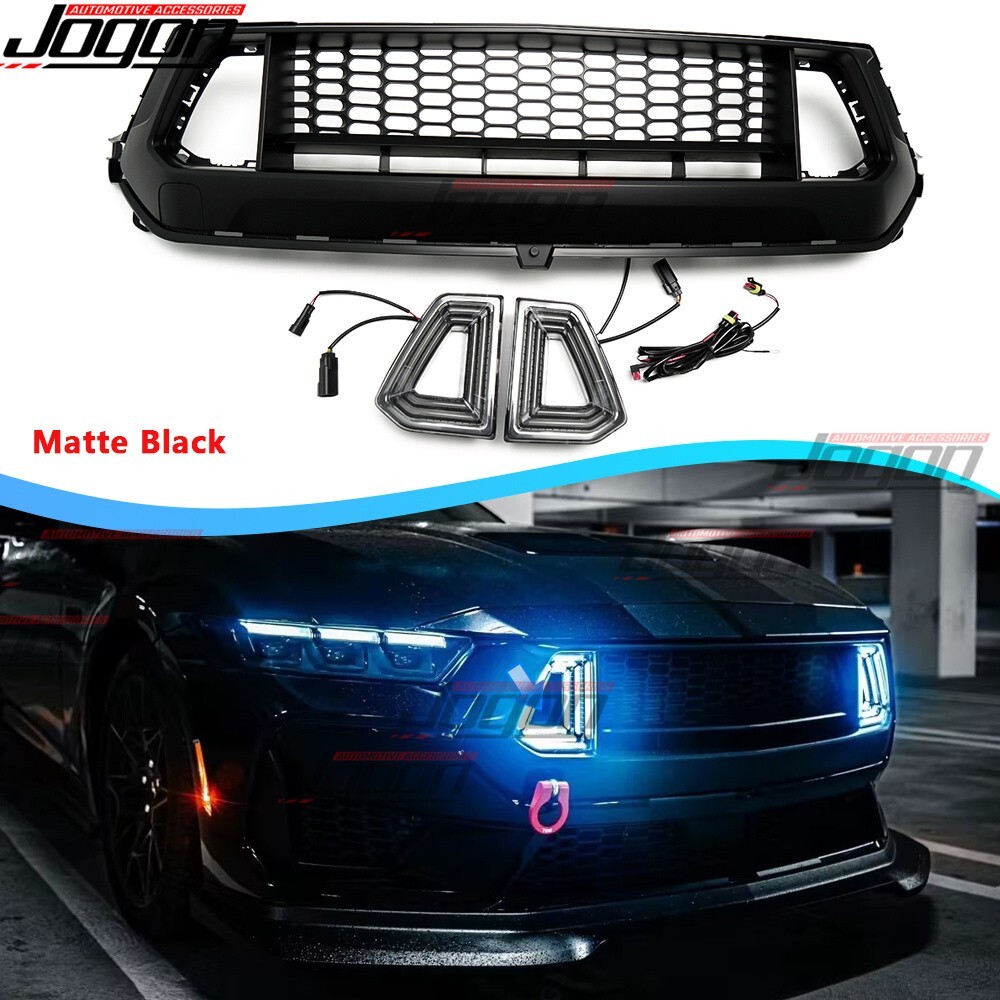 GT For Ford Mustang S650 GT 24-up Front Upper Mesh Grille W/DRL LED Matte Black