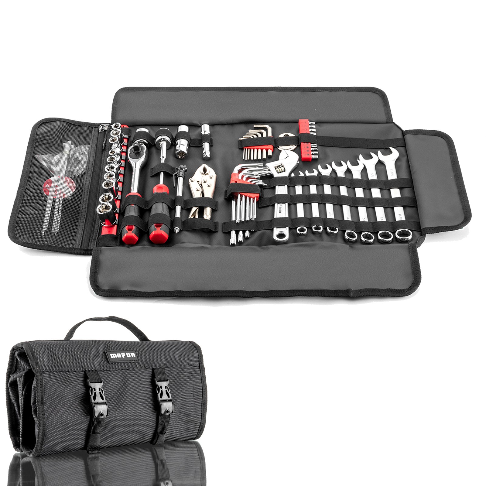 64-Piece Portable Tool Kit with Roll-up Pouch for Motorcycle Car Truck Dirt Bike