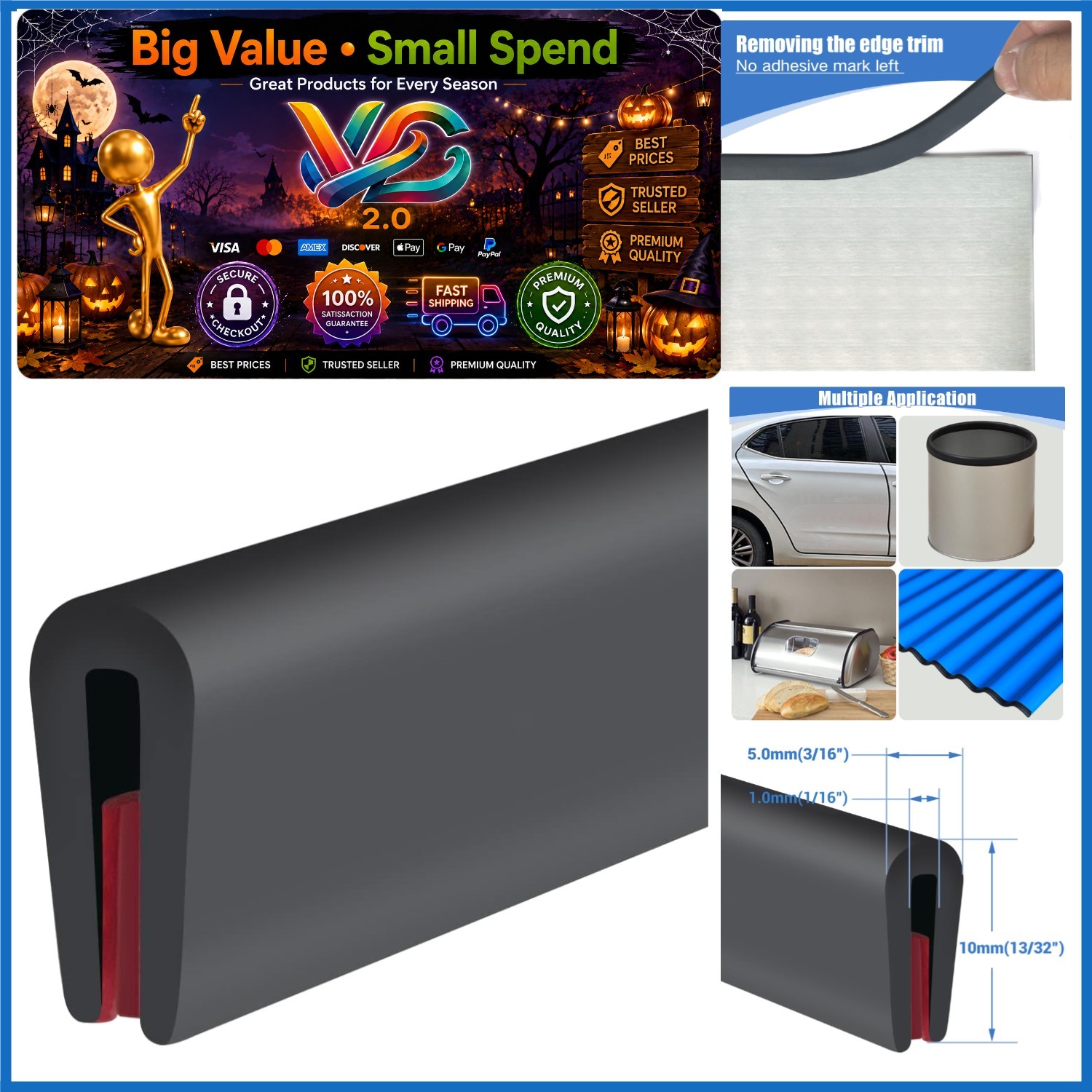 Self-Adhesive EPDM Rubber Edge Trim U Channel 10Ft Black for Doors Self-Adhesive EPDM Rubber Edge Trim U Channel 10Ft Black for Doors