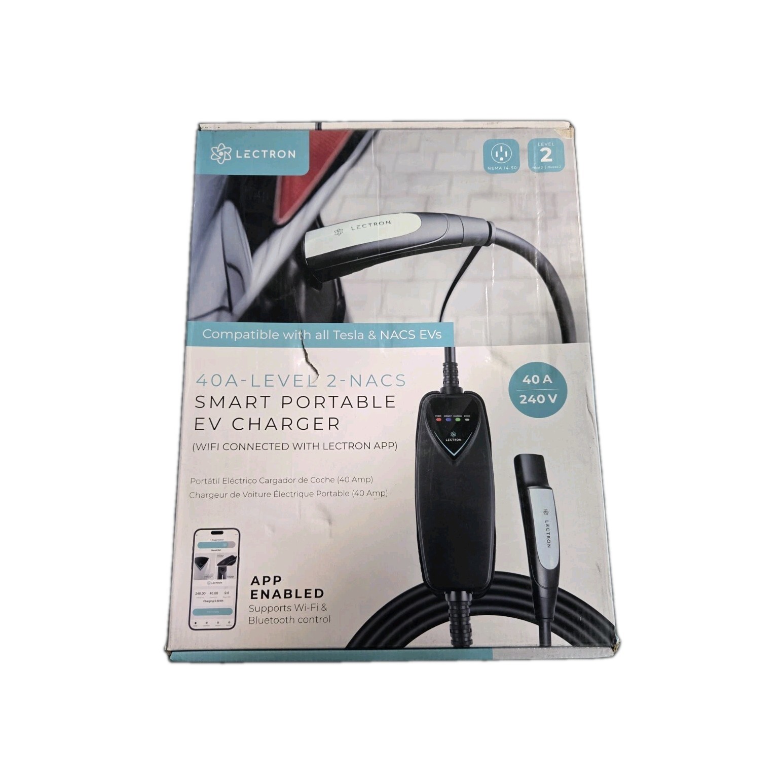 Lectron 40A Level 2 NACS Portable EV Charger 240V Tesla WiFi App Enabled