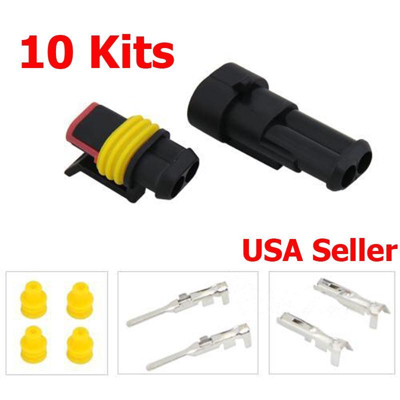 10 Kit 2 Pin Way Sealed Waterproof Electrical Wire Connector Plug Terminal Set 10 Kit 2 Pin Way Sealed Waterproof Electrical Wire Connector Plug Terminal Set