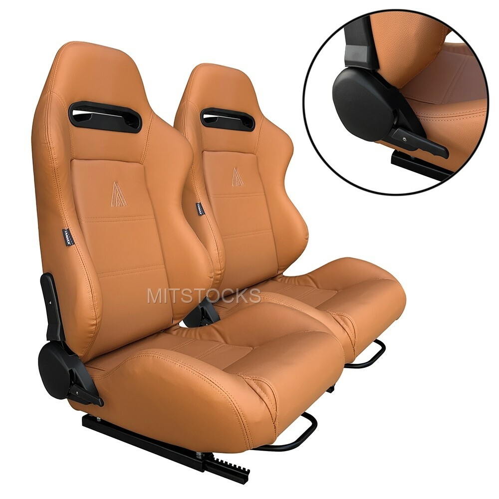 2 X TANAKA TAN PVC LEATHER RACING SEATS RECLINABLE + SLIDERS FITS FOR FORD *