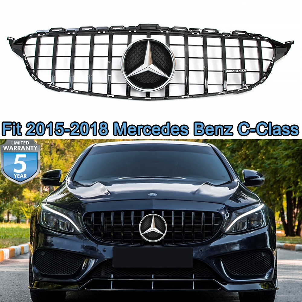 Black GT R Style Grille W/Emblem For Mercedes Benz C-Class W205 2015-2018 C300