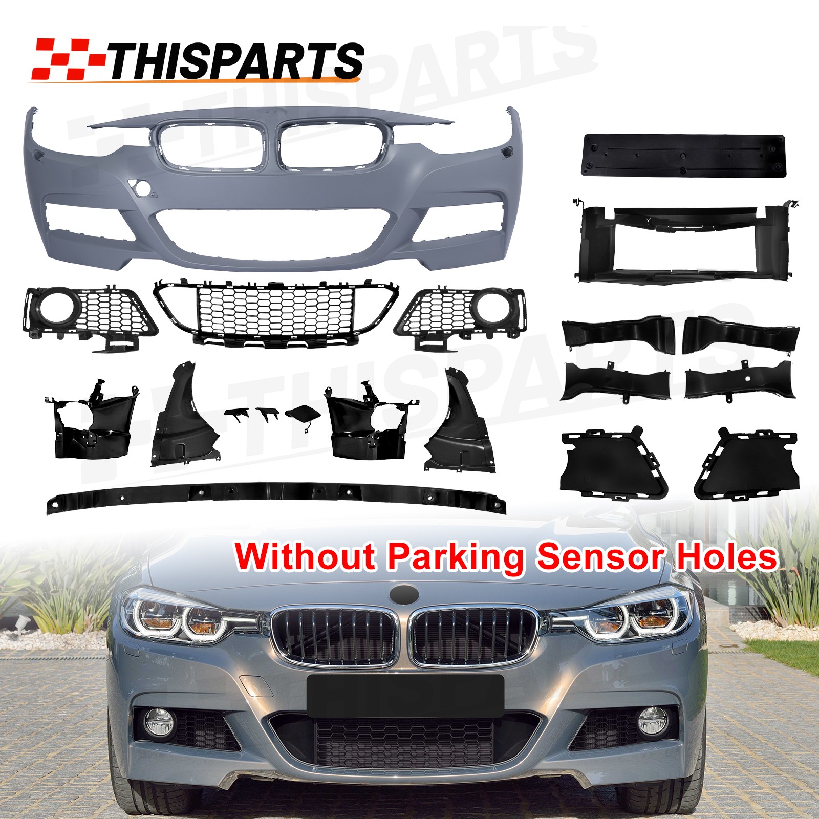 For 2012-2018 BMW 3 Series F30 F31 M Sport M Tech Front Bumper Cover Grille Set