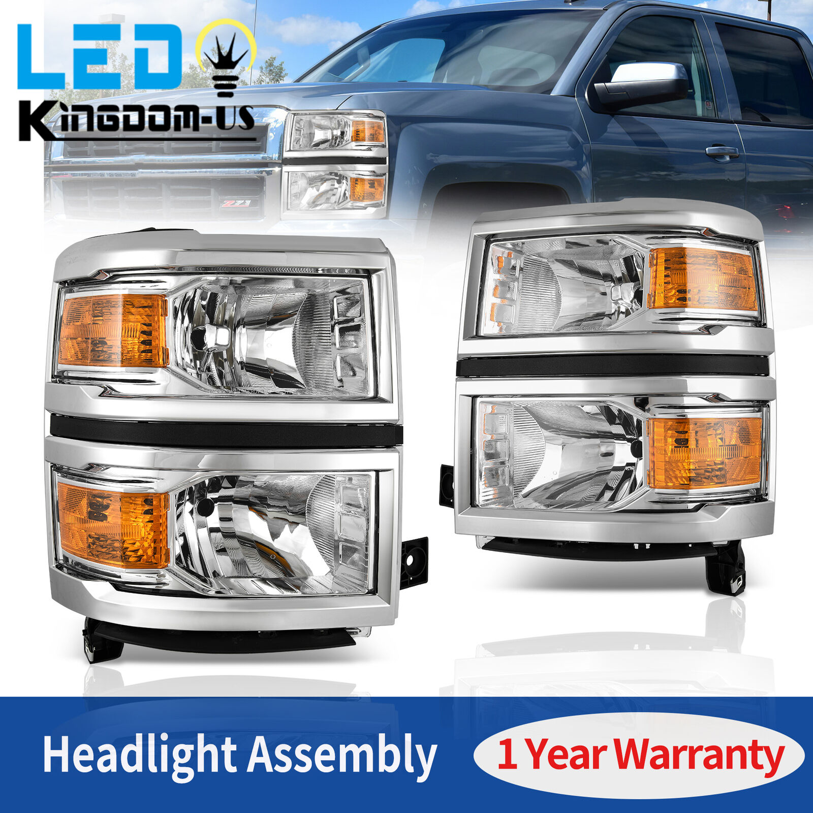 For 2014-2015 Chevy Silverado 1500 Headlights Left+Right 14 15 Chrome Headlamps