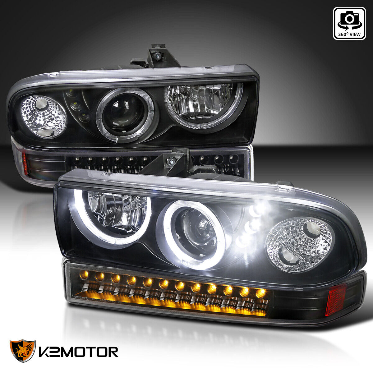Fits 1998-2004 Chevy S10 Pickup Blazer Halo Projector Headlights+LED Bumper Lamp