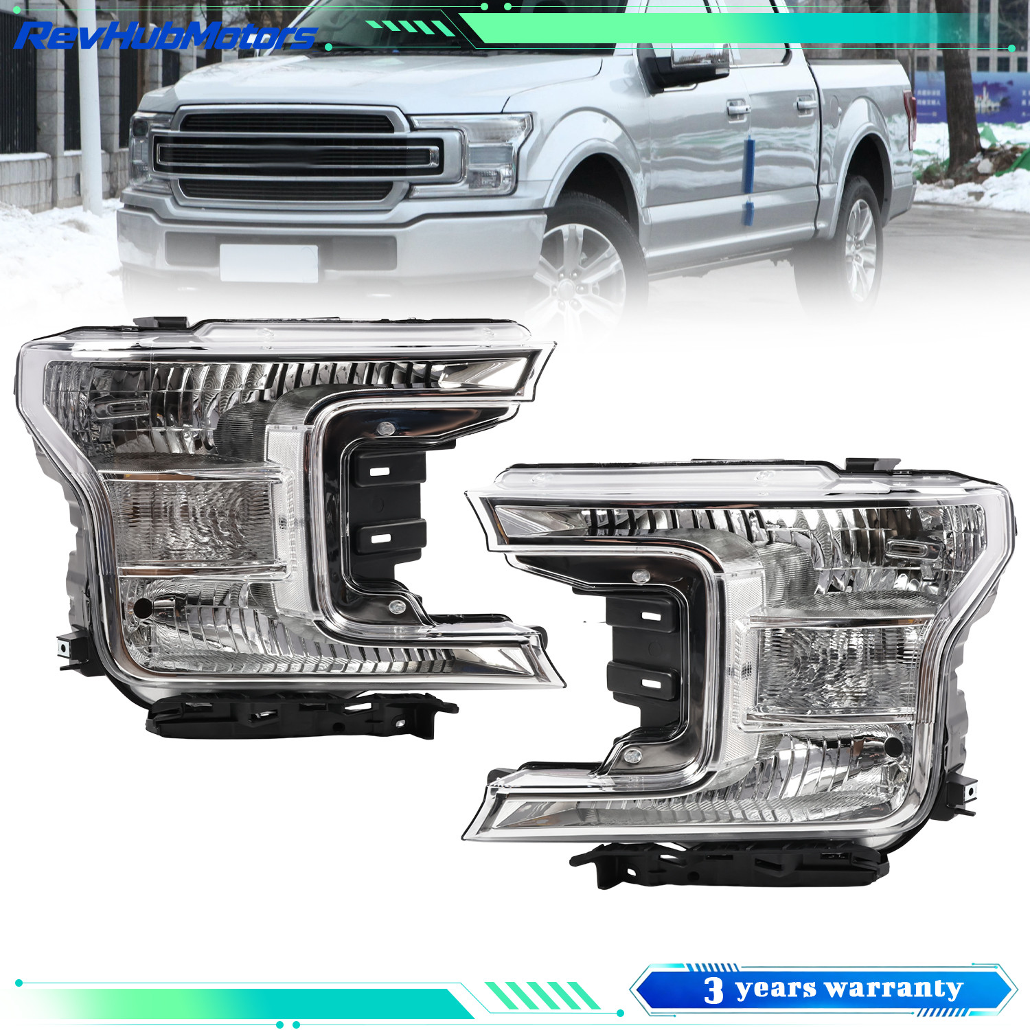 Headlights Pair Chrome Clear Left Right For 2018-20 Ford F150 Pickup Truck