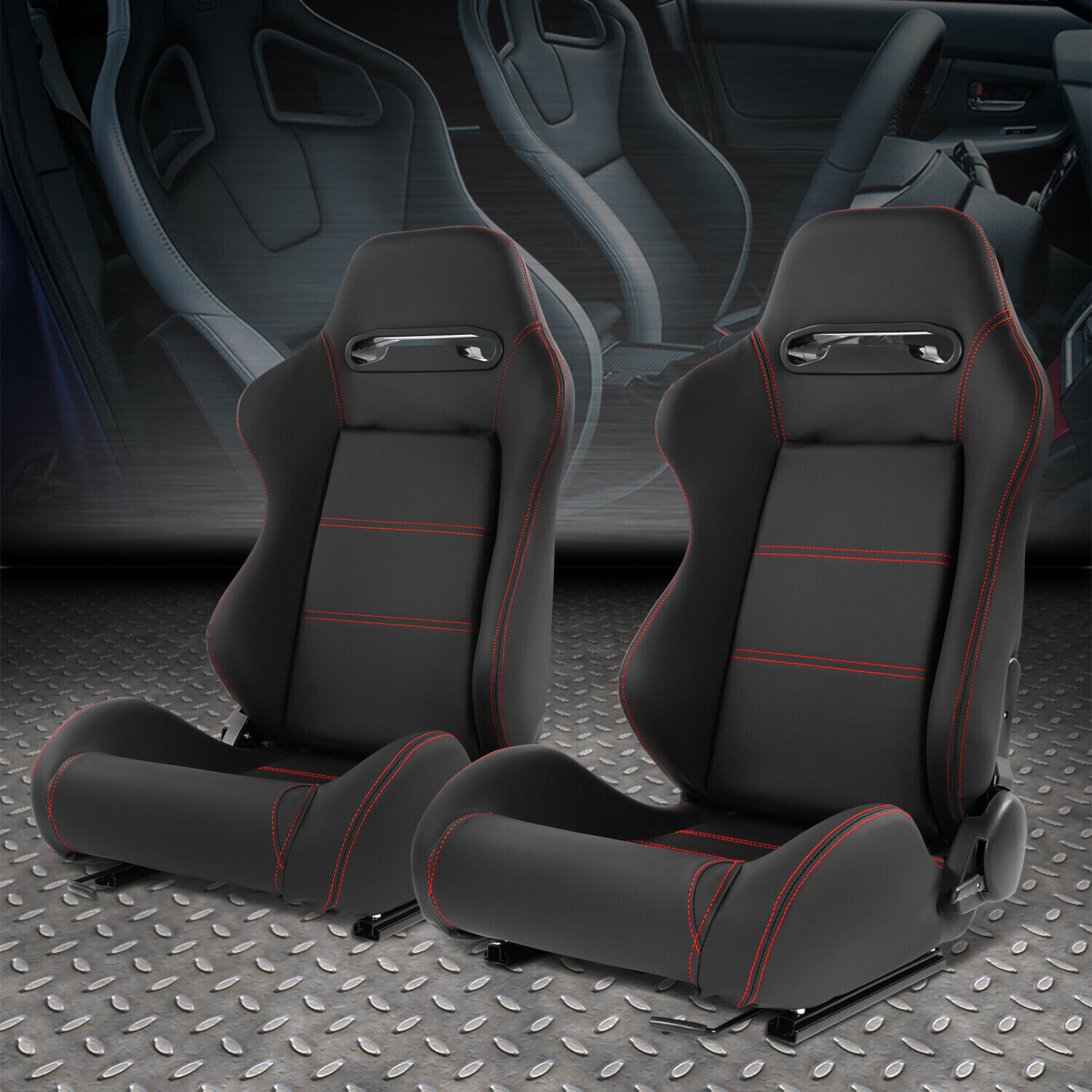 Pair Universal Black Vinyl Leather Adjustable Reclinable Racing Seats w/ Sliders